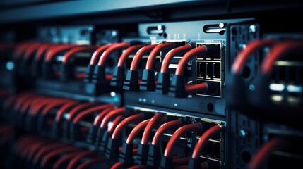 Poster - Server Rack Switch Ports with Connected Cables. Generative ai