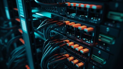 Poster - Server Rack Switch Ports with Connected Cables. Generative ai