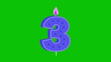 Animation Of A Flickering Cartoon Candle. Footage Of Birthday Candles In The Shape Of The Number Three, With A Green Screen Background.