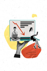 Aufkleber - Vertical collage picture of black white colors arm hold netbook two mini minded people descending arrow down screen isolated on creative background