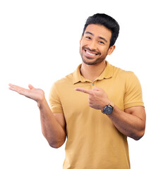 Poster - Man, portrait and open palm with pointing for advertising space isolated on transparent png background. Happy Asian male, promotion and presentation for information or news, advice and review