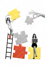 Aufkleber - Vertical collage picture of black white colors arm fingers hold puzzle piece small girl climb ladder use netbook isolated on creative background