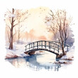 冬の森に架かる橋の水彩イラスト
