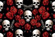 Illustration of skulls, guns and roses, repeated on a pattern against black background
