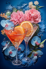 Wall Mural - Illustration of two glasses of cocktail with ice and lemon slices on blue background with flowers. Generative AI