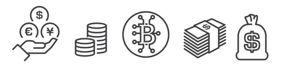 Wall Mural - Set of money concept and Cryptocurrency line icons on white background