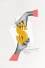 Wall Mural - Vertical collage picture of two black white colors arms fingers hold pull dollar money symbol isolated on checkered painted background