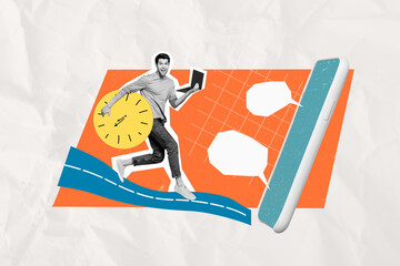 Poster - Collage picture of funny hardworking remote freelancer deadline timer running answer dialogues online display isolated on drawn background
