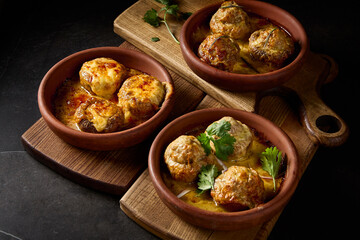 Canvas Print - Horizontal side view of savory baked mushrooms, generously filled with suluguni cheese and meat, presented on wooden planks, capturing the essence of minimalist Georgian culinary art