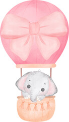 Wall Mural - cute baby shower elephant girl watercolor, kawaii baby animal in hot balloon nursery cartoon illustr