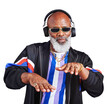 © Heyt/peopleimages.com - Black man, senior and headphones for music with fashion, retro clothes and cool isolated on png transparent background. Dancing, audio streaming and model in streetwear with DJ, party and sound