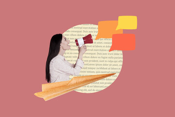 Wall Mural - Photo collage composition of young business woman protest dialogue notifications speech messages paper airplane isolated on pink background