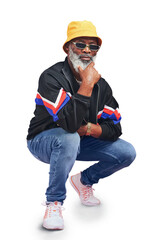 Poster - Portrait, attitude and urban with a senior black man isolated on a transparent background for hip hop style. Retro, sunglasses and fashion with an elderly person on PNG to gesture a question