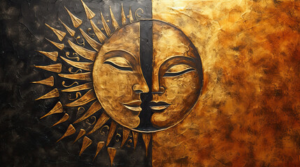 sun and moon faces, mystic astrology symbols in gold metal. boho modern art.