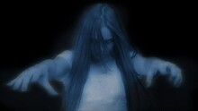 Medium Video Of A Glowing Female, Woman Figure, Ghost, Poltergeist Pulling Her Hands Out To The Camera On A Black Background.