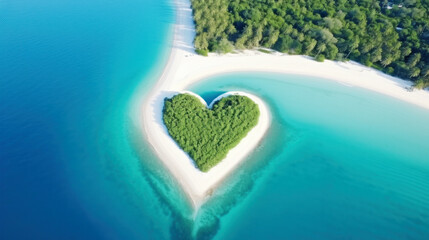 Island in the ocean with heart-shaped Green palm trees, top view, Tropical on the Travel beach, Untouched white sand calm sea bay sunny blue sky, Exotic paradise, Romantic love destination