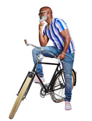Poster - Senior person, bicycle or retro fashion in cool outfit isolated on png transparent background. Sunglasses, thinking or mature black man in creative streetwear jeans on vintage bike with confidence