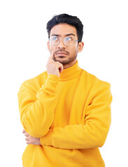 Aufkleber - Thinking, serious and man with confused question, doubt or decision isolated, transparent or png background. Asian person, glasses and remember or unsure about memory, ideas or problem solving