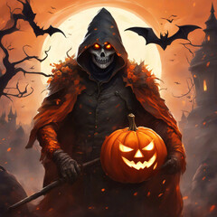 Wall Mural - Halloween background with an evil, dark sinister man holding jack o lantern.