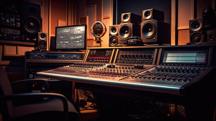 Wall Mural - A modern recording studio with music production equipment, a sound mixing console, and a digital control panel converge