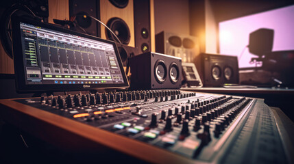 Wall Mural - A modern recording studio with music production equipment, a sound mixing console, and a digital control panel converge