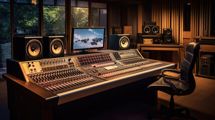 Wall Mural - A modern recording studio with music production equipment, a sound mixing console, and a digital control panel converge