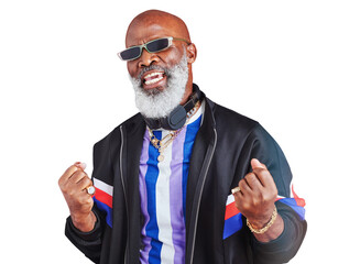 Poster - Portrait, success and yes with a senior black man isolated on a transparent background as a winner. Wow, sunglasses and attitude with an elderly person on PNG to gesture in celebration of a bonus