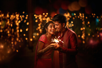 Poster - indian couple holding sparkle or fulzadi in hand and celebrating diwali.