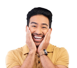 Leinwandbilder - Portrait, surprise and man with a smile, wow and announcement isolated on a transparent background. Face, asian person and facial expression, emoji or model with news, excited or omg with png