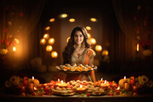 Indian Woman Holding Sweet Meal Or Laddoo Thali. Celebrating Diwali Festival.