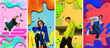 Collage made with young people, men and women in stylish clothes over abstract colorful background. Contemporary art collage. Concept of y2k style, futurism, creativity, inspiration, youth. Poster, ad