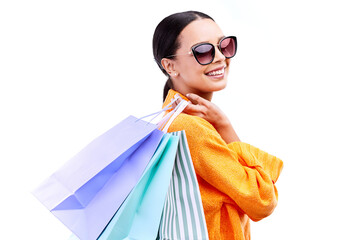 Retail, shopping and woman with bag and sunglasses on isolated, png and transparent background. Boutique sale, mall and happy person with smile excited for discount, clothes deal and fashion bargain