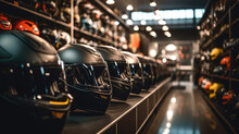 A Display Of Motorbike Helmets In A Shop