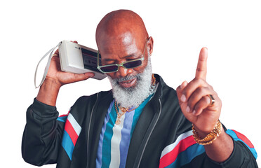 Poster - Music, fashion and cassette with a senior black man isolated on transparent background to listen to a tape. Retro, sunglasses or sound with an elderly person on PNG to hear audio on vintage equipment