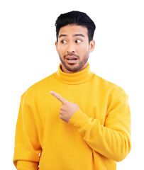 Poster - Pointing, shock or surprise of young man for marketing, promotion or advertising gesture. Weird, finger and Indian male model show hand sign or announcement isolated by transparent png background