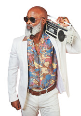 Poster - Smoke, fashion and radio with a senior black man isolated on a transparent background for music. Boombox, pipe and tobacco with an elderly person listening to audio sound on PNG while smoking