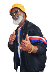 Portrait, fashion and thumbs up with a senior black man isolated on a transparent background for hip hop style. Support, motivation and sunglasses with an elderly person on PNG to gesture thank you