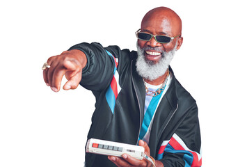 Dance, fashion and senior man with cassette player, smile and retro clothes isolated on a transparent background. Pointing, mature person or old model with vintage outfit, pensioner and png with tape