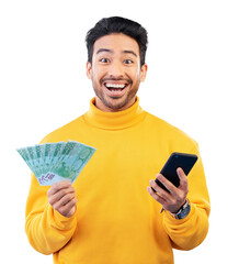 Poster - Happy asian man, money and phone in winning, lottery or celebration isolated on a transparent PNG background. Portrait of male person smile with cash for payment, investment or banking on smartphone