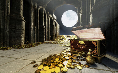 Full Moon and Treasury hall. treasure trove of gold coins And chests and treasure boxes pile up. Treasuries, kingdoms and castles. The concept of finding lost ancient treasures. 3d rendering