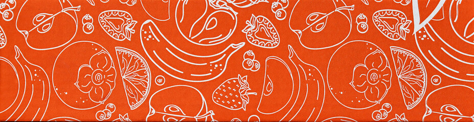 background of orange cardboard box with line art style fruits. Abstract creative food in minimalism design. Hand drawn vector illustration 