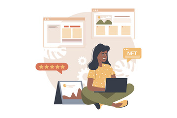 NFT yellow and brown concept with people scene in the flat cartoon design. Woman works with digital elements and cryptocurrency on the Internet and earns money.  illustration.