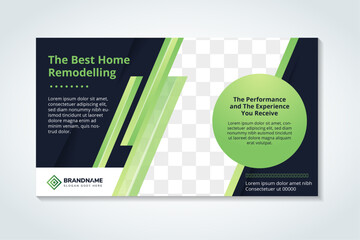 Poster - the best home remodelling banner or Horizontal layout poster design for social media post template. diagonal space for photo. blue background with green gradient element. 