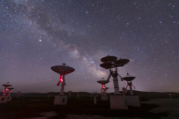 Wall Mural - Radio telescopes and the Milky Way at night, Milky way panorama