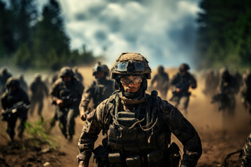 Portrait of a paratrooper in military ammunition during a combat mission