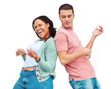 Dance, Happy And Couple With Air Guitar For Funny Laugh Isolated On A Transparent Png Background. Excited Man, Woman And Acoustic Instrument In Band, Play Music And Interracial People Party Together