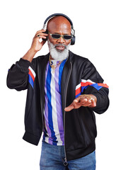 Poster - Senior black man, vintage fashion or headphones streaming music in a cool style isolated on png. Transparent background, sunglasses or mature African person in retro streetwear listening to radio DJ