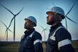 2 young black men in helmets and reflective T-shirts next to a wind turbine field