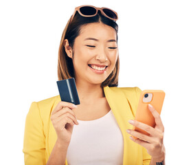 Credit card, phone and woman with online shopping, e commerce and fintech payment or loan news. Excited asian person on mobile for banking app and debit success isolated on transparent png background