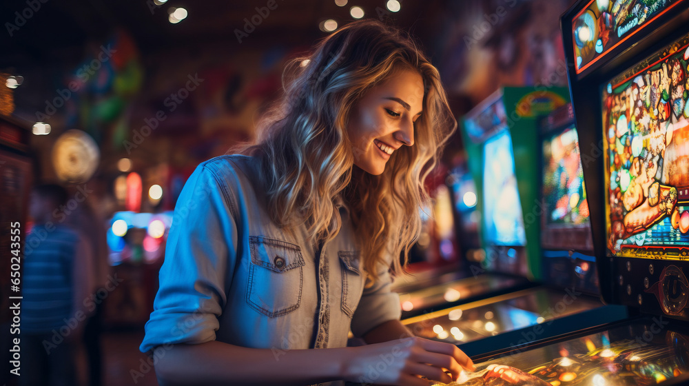 Young woman at a retro arcade, surrounded by vintage pinball machines ...